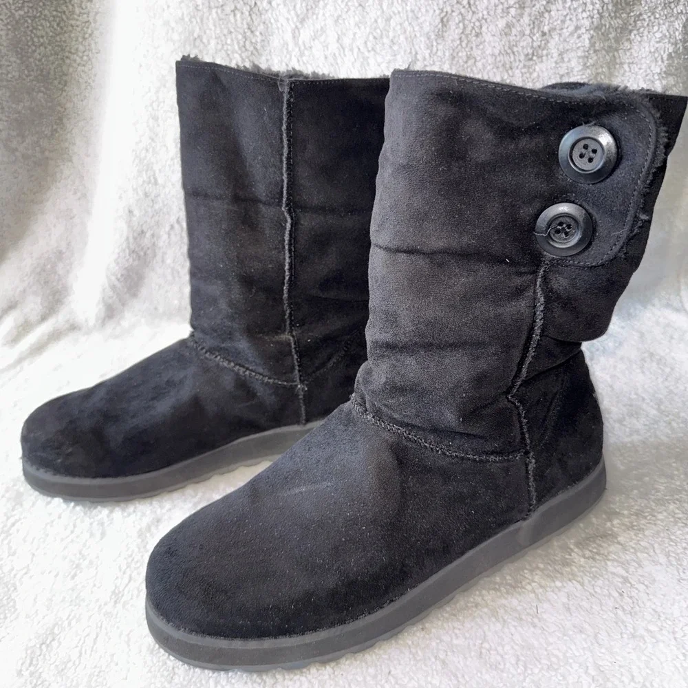 Skechers Womens Keepsakes Snow Boots 10 Black Faux Fur Button Trim SN 44938